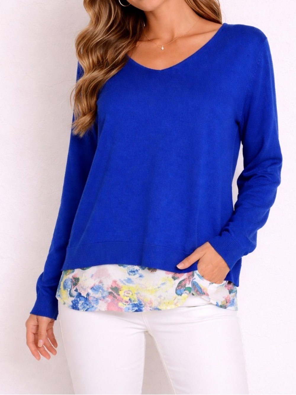 Stitch Fix sweater 2 in one semi sheer under shirt SZ L royal blue & floral